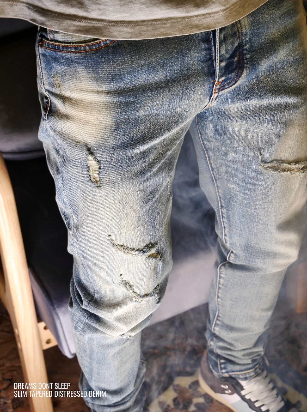 Vintage Wash Distressed Denim (Slim Tapered)