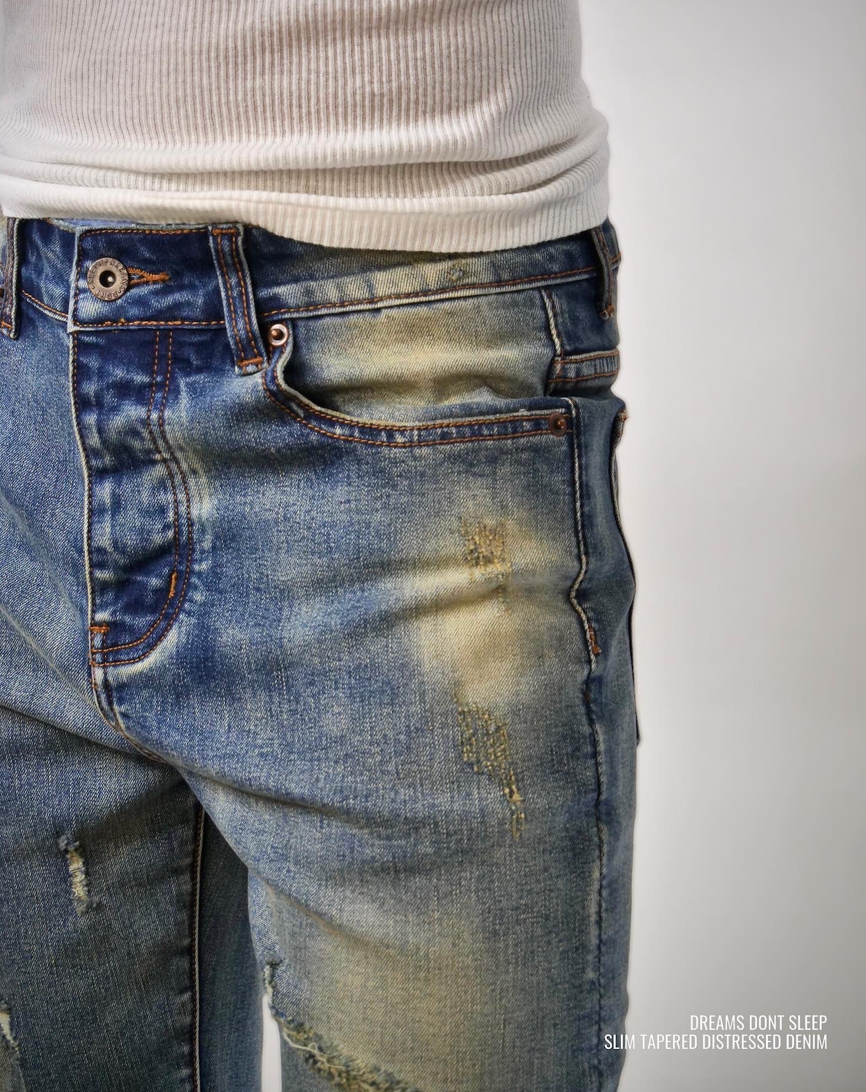 Vintage Wash Distressed Denim (Slim Tapered)